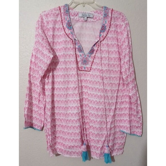 BELLA TU EMBROIDERED TUNIC TOP SiZe XXL Pink V-NECK SEQUIN BEADED - Picture 1 of 11